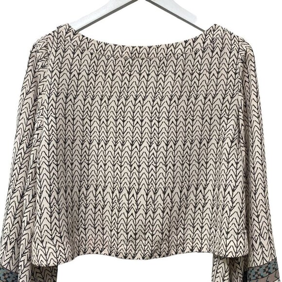 FREE PEOPLE Crop Blouse Size Small Boho Print Cream Stars Aligned Flowy Sleeves - Picture 14 of 15